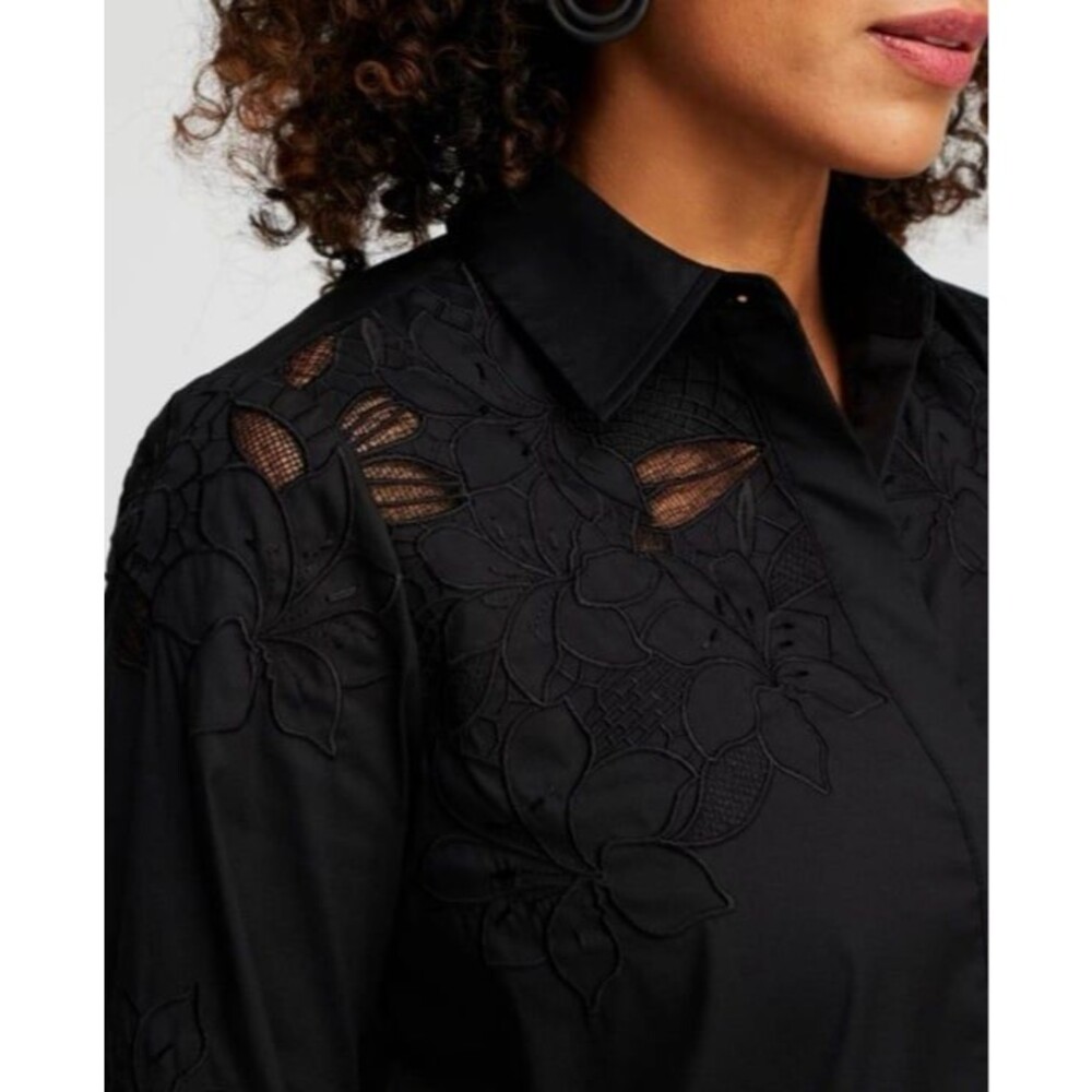 Chico’s - Black Poplin Lace long sleeve button up tunic, sz 1.5 US 10